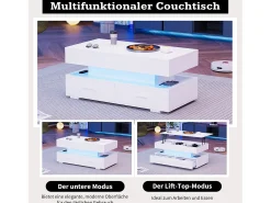 Mesa de centro elevatória hidráulica - 100 x 50 x 44 cm - com LEDs + 2 gavetas - Aglomerado - branco