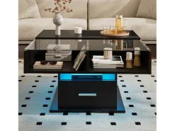 Mesa de centro elevatória - 78 x 78 x 45/59 cm - alto brilho com LEDs + 1 gaveta - aglomerado - preto