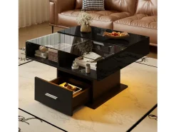 Mesa de centro elevatória - 78 x 78 x 45/59 cm - alto brilho com LEDs + 1 gaveta - aglomerado - preto
