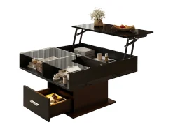 Mesa de centro elevatória - 78 x 78 x 45/59 cm - alto brilho com LEDs + 1 gaveta - aglomerado - preto