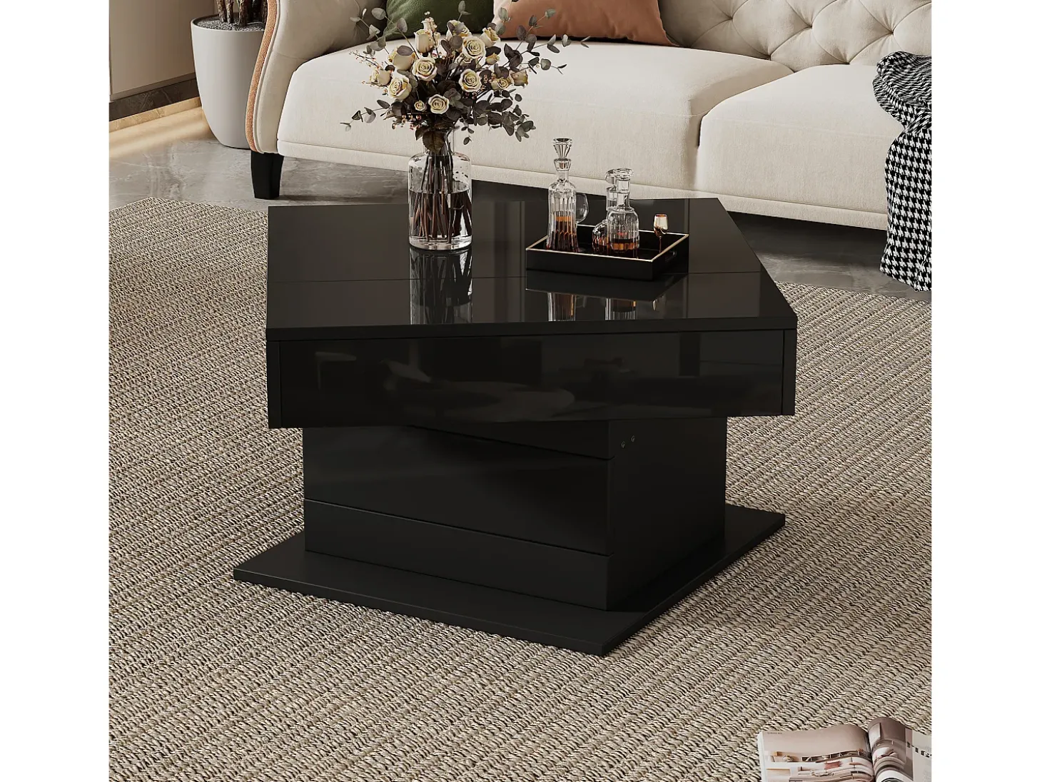 Mesa de centro elevatória 70x70x45cm - Tampos giratórios 360° - com 1 gaveta - Armazenamento oculto - Acabamento brilhante - Preto