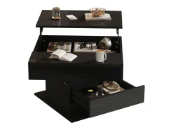 Mesa de centro elevatória 70x70x45cm - Tampos giratórios 360° - com 1 gaveta - Armazenamento oculto - Acabamento brilhante - ​​Preto​