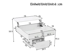 Mesa de centro elevatória - 78 x 78 x 45/59 cm - alto brilho com LEDs + 1 gaveta - aglomerado - branco