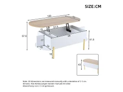 Mesa de centro elevatória 120x50x43 cm - com armazenamento - Pés de metal - MDF - Branco + Natural