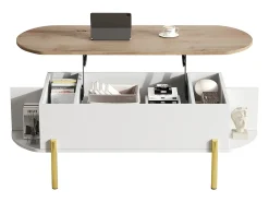 Mesa de centro elevatória 120x50x43 cm - com armazenamento - Pés de metal - MDF - Branco + Natural