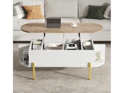 Mesa de centro elevatória 120x50x43 cm - com armazenamento - Pés de metal - MDF - Branco + Natural