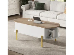 Mesa de centro elevatória 120x50x43 cm - com armazenamento - Pés de metal - MDF - Branco + Natural