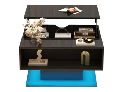 Mesa de centro elevatória - 80 x 77 x 40 cm - elevação hidráulica - com armazenamento + LEDs - aglomerado - preto