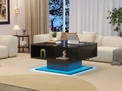 Mesa de centro elevatória - 80 x 77 x 40 cm - elevação hidráulica - com armazenamento + LEDs - aglomerado - preto