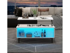 Mesa de centro elevatória - 105 x 50 x 43 cm - com arrumação oculta + LEDs - Aglomerado + vidro temperado - branco