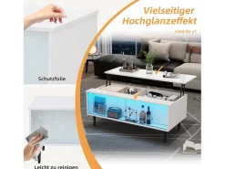 Mesa de centro elevatória - 105 x 50 x 43 cm - com arrumação oculta + LEDs - Aglomerado + vidro temperado - branco