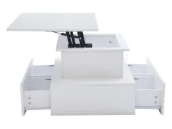 Mesa de centro elevatória 90x55x41-54cm com 4 gavetas, corpo lacado branco, LED incluído
