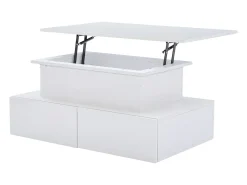 Mesa de centro elevatória 90x55x41-54cm com 4 gavetas, corpo lacado branco, LED incluído