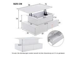 Mesa de centro elevatória 90x55x41-54cm com 4 gavetas, corpo lacado branco, LED incluído