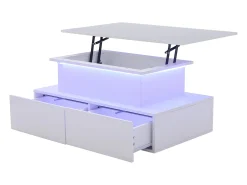 Mesa de centro elevatória 90x55x41-54cm com 4 gavetas, corpo lacado branco, LED incluído