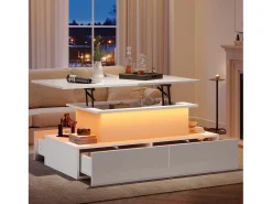 Mesa de centro elevatória 90x55x41-54cm com 4 gavetas, corpo lacado branco, LED incluído