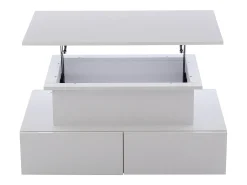 Mesa de centro elevatória 90x55x41-54cm com 4 gavetas, corpo lacado branco, LED incluído