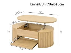 Mesa de centro elevatória - 110 x 55,5 x 40 cm - com prateleira extensível + tampo elevatório - MDF - natural
