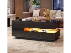 Mesa de centro elevatória - 95 x 50 x 34,5 cm - com 1 gaveta + 1 porta + LEDs - aglomerado - preto