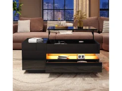 Mesa de centro elevatória - 95 x 50 x 34,5 cm - com 1 gaveta + 1 porta + LEDs - aglomerado - preto