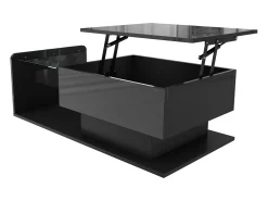 Mesa de centro elevatória preta com LED, tampo em vidro e arrumação 100x50x33/47,5cm