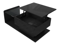 Mesa de centro elevatória preta com LED, tampo em vidro e arrumação 100x50x33/47,5cm