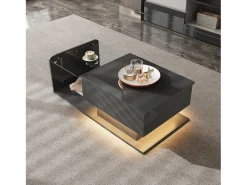 Mesa de centro elevatória preta com LED, tampo em vidro e arrumação 100x50x33/47,5cm