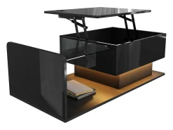 Mesa de centro elevatória preta com LED, tampo em vidro e arrumação 100x50x33/47,5cm