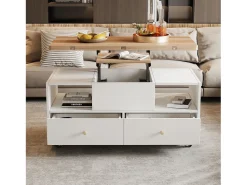 Mesa de centro elevatória - 100 x 50 x 47,5 cm - com função dobrável + 4 gavetas + rodízios - MDF - natural