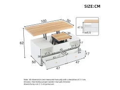 Mesa de centro elevatória - 100 x 50 x 47,5 cm - com função dobrável + 4 gavetas + rodízios - MDF - natural