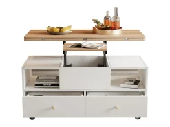 Mesa de centro elevatória - 100 x 50 x 47,5 cm - com função dobrável + 4 gavetas + rodízios - MDF - natural