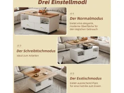 Mesa de centro elevatória - 100 x 50 x 47,5 cm - com função dobrável + 4 gavetas + rodízios - MDF - natural