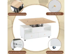 Mesa de centro elevatória - 100 x 50 x 47,5 cm - com função dobrável + 4 gavetas + rodízios - MDF - natural