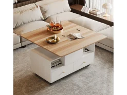 Mesa de centro elevatória - 100 x 50 x 47,5 cm - com função dobrável + 4 gavetas + rodízios - MDF - natural
