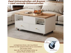 Mesa de centro elevatória - 100 x 50 x 47,5 cm - com função dobrável + 4 gavetas + rodízios - MDF - natural