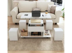 Mesa de centro elevatória com 4 bancos e 2 mesas - 100 x 50 x 48 cm - Aglomerado - Branco