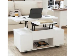 Mesa de centro elevatória com 4 bancos e 2 mesas - 100 x 50 x 48 cm - Aglomerado - Branco