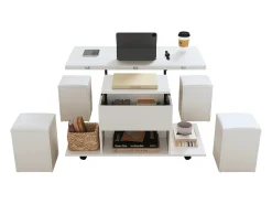 Mesa de centro elevatória com 4 bancos e 2 mesas - 100 x 50 x 48 cm - Aglomerado - Branco