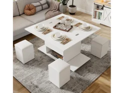 Mesa de centro elevatória com 4 bancos e 2 mesas - 100 x 50 x 48 cm - Aglomerado - Branco