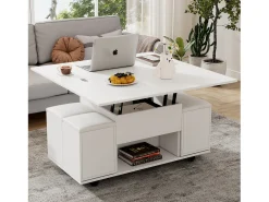 Mesa de centro elevatória com 4 bancos e 2 mesas - 100 x 50 x 48 cm - Aglomerado - Branco