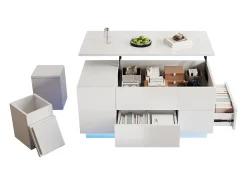 Mesa de centro elevatória 4 em 1 - 100 x 50 x 45 cm - com LEDs + 2 gavetas + 2 bancos - aglomerado - branco