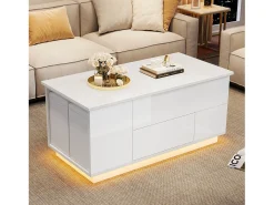 Mesa de centro elevatória 4 em 1 - 100 x 50 x 45 cm - com LEDs + 2 gavetas + 2 bancos - aglomerado - branco
