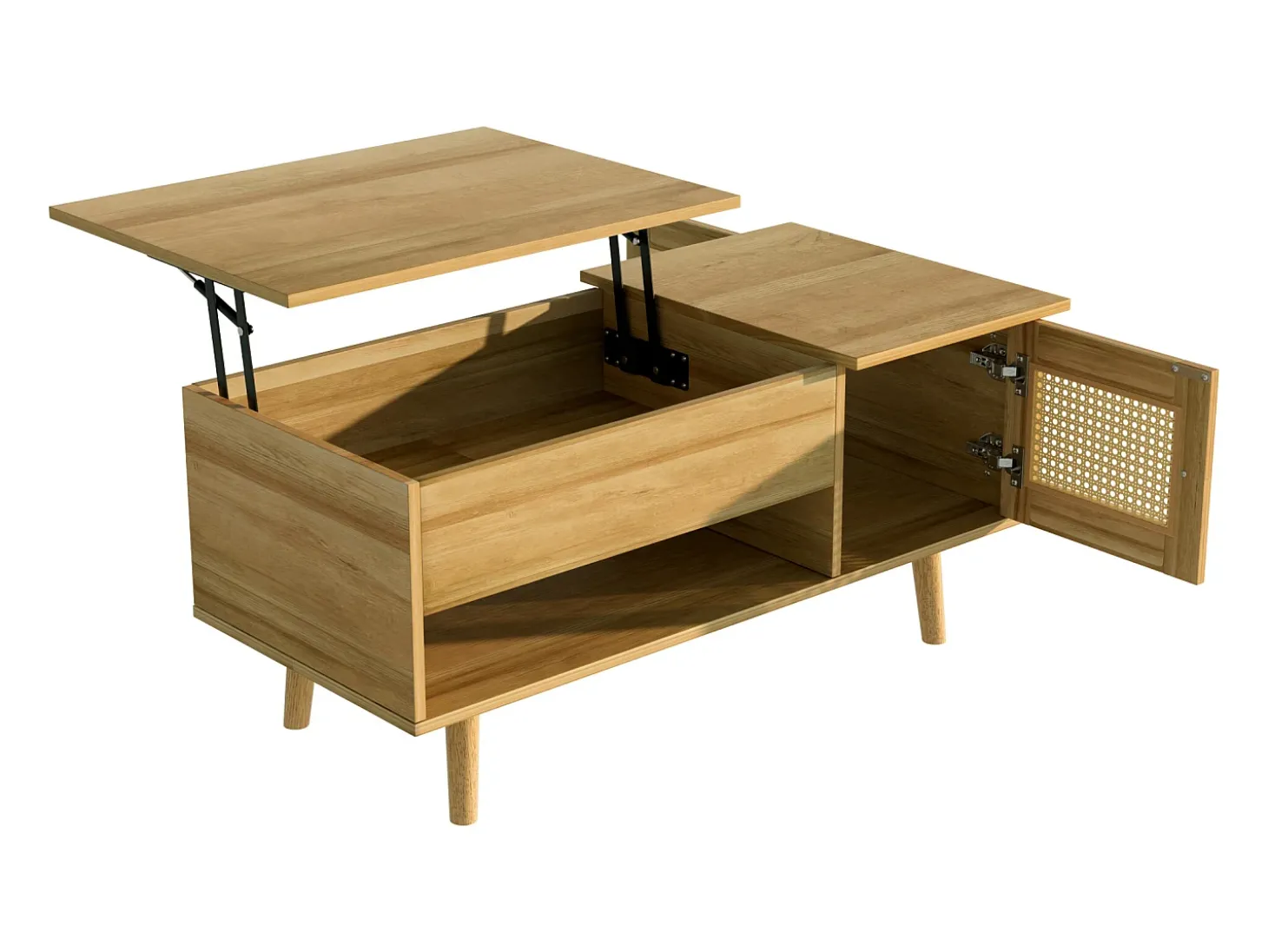 Mesa de centro elevatória em cor madeira com 2 portas em verga e arrumação 103x50x46cm
