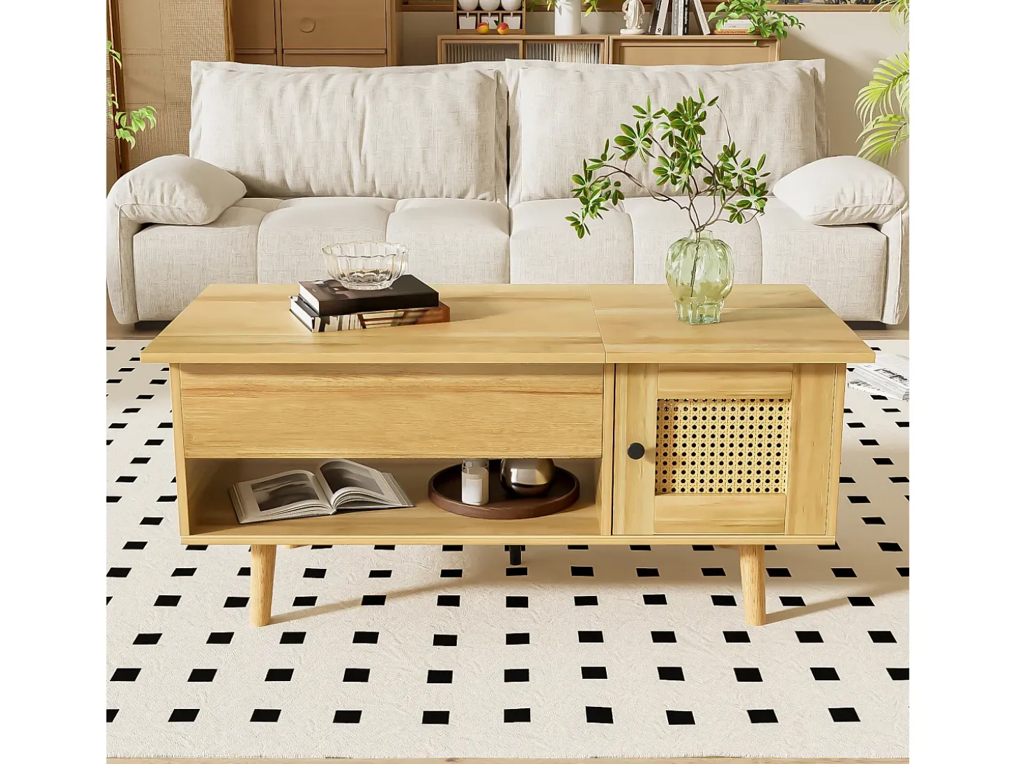 Mesa de centro elevatória em cor madeira com 2 portas em verga e arrumação 103x50x46cm