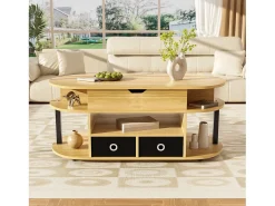 Mesa de centro elevatória com textura de madeira - 105 x 50 x 45/60 cm - com 2 gavetas - aglomerado - natural