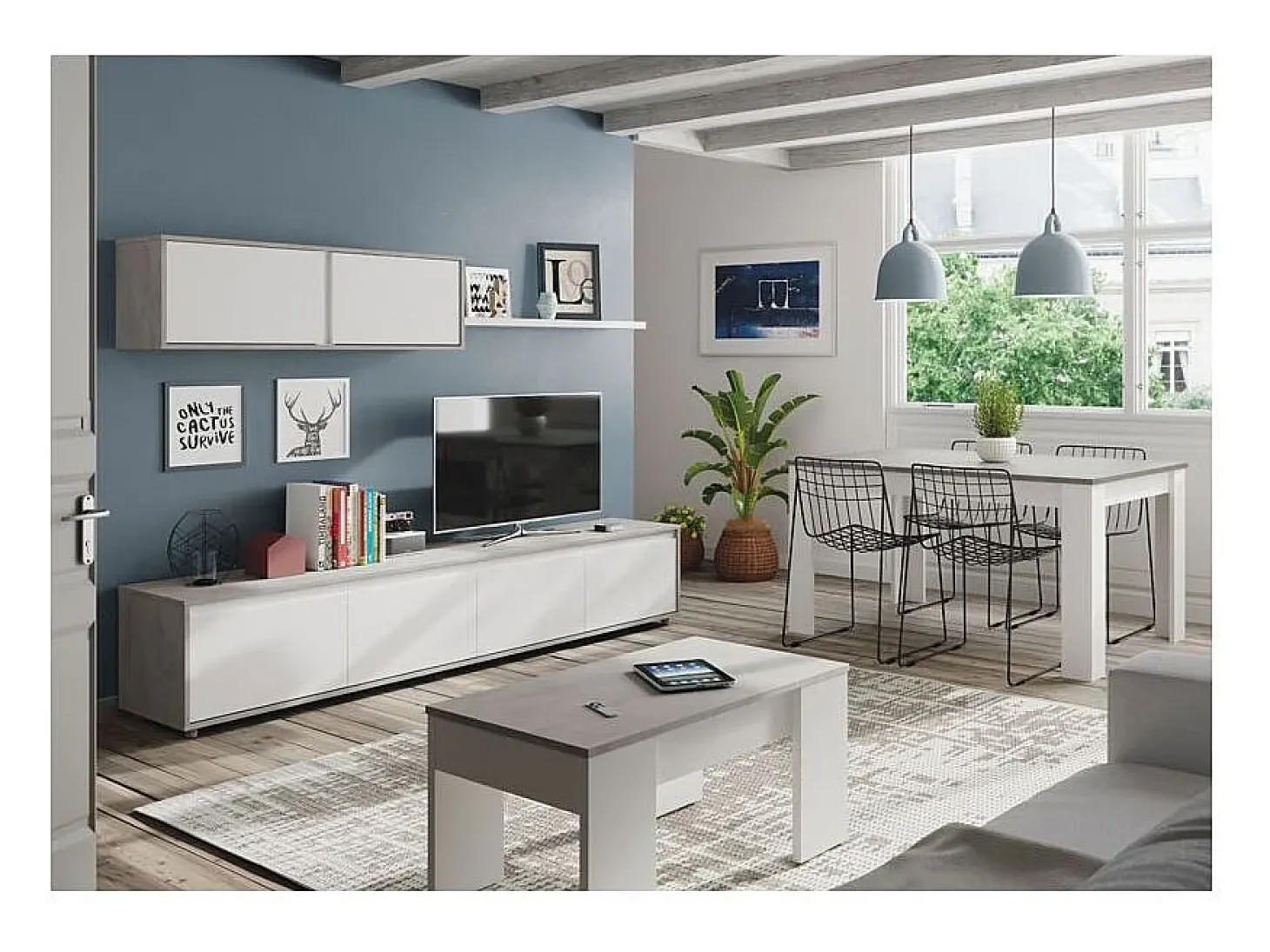 Mesa de centro elevatória Artik de cimento branco com pés de melamina, 100x50x45 cm