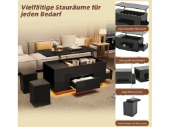 Mesa de centro elevatória 4 em 1 - 100 x 50 x 45 cm - com LEDs + 2 gavetas + 2 bancos - aglomerado - preto
