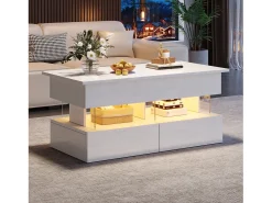 Mesa de centro elevatória - 120 x 50 x 46 cm - armazenamento oculto + LEDs + 2 gavetas - MDF + vidro temperado - branco