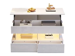 Mesa de centro elevatória - 120 x 50 x 46 cm - armazenamento oculto + LEDs + 2 gavetas - MDF + vidro temperado - branco
