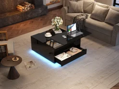Mesa de centro elevatória para sala de estar - 70 x 70 x 38 cm - com LEDs + 1 gaveta + portas sanfonadas - aglomerado - preto